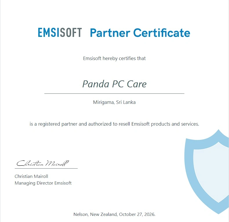 Emsisoft Partner Certificate issued to Panda PC Care, Mirigama, Sri Lanka