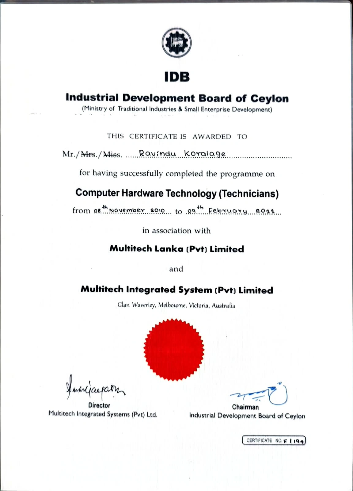 Computer Hardware Technology Technicians programme completion certificate awarded to Ravindu Koralage